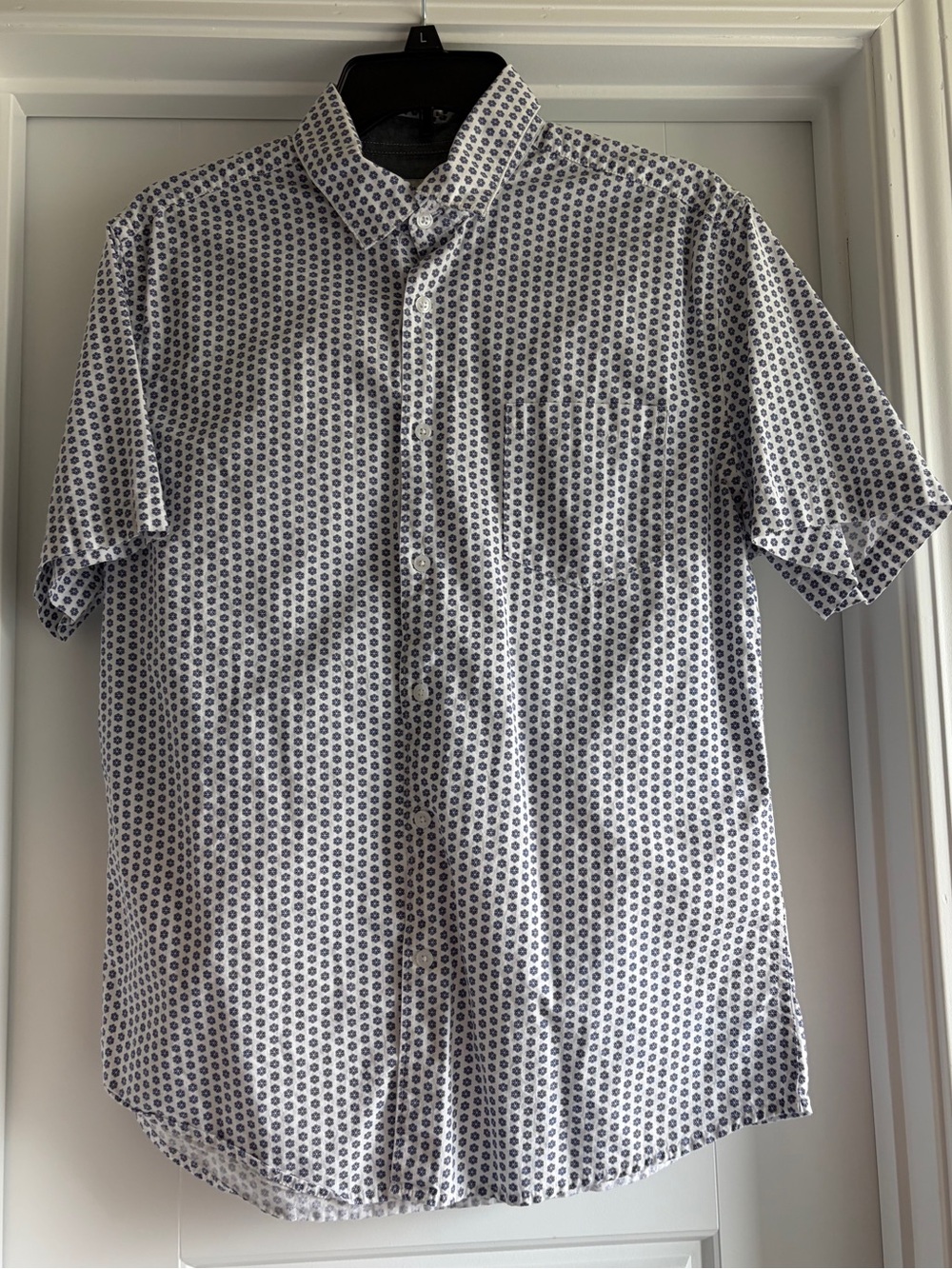 Men's White Short-Sleeve Button-Up Shirt with Navy Print